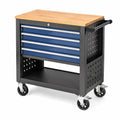 Chariot à outils Qaldrion, servante d'atelier en acier noir et bleu, avec plateau en bois et 5 tiroirs pour rangement.
