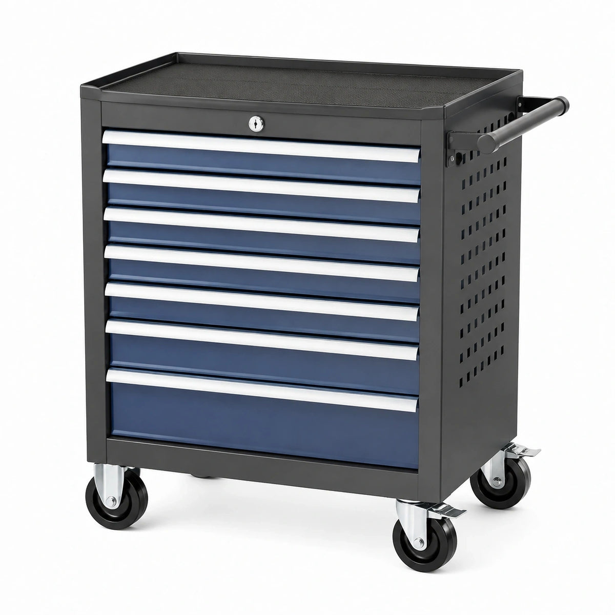 Chariot à outils Qaldrion en acier noir et bleu avec 8 tiroirs, servante d'atelier mobile, dimensions 77x46x97 cm