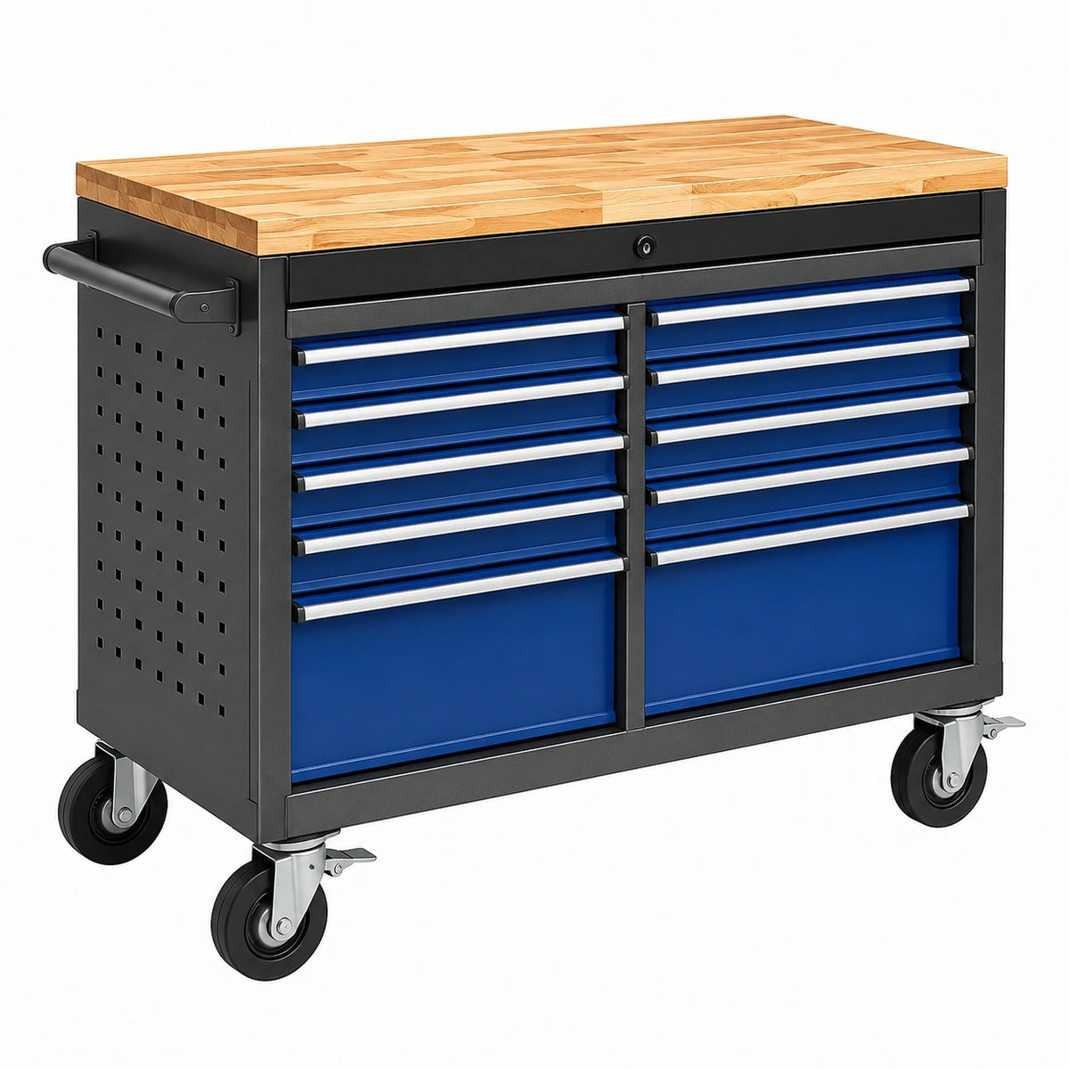 Chariot à outils Qaldrion en acier bleu noir avec plan de travail en bois et 12 tiroirs pour rangement d'atelier.
