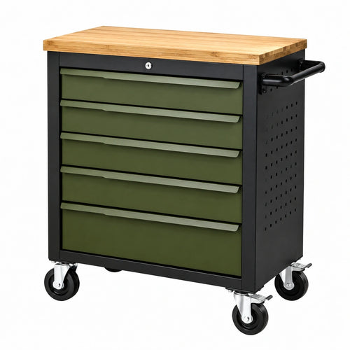 Chariot à outils roulant Qaldrion en acier noir et vert avec plateau en bambou, dimensions 72x46x90 cm, pour rangement pratique