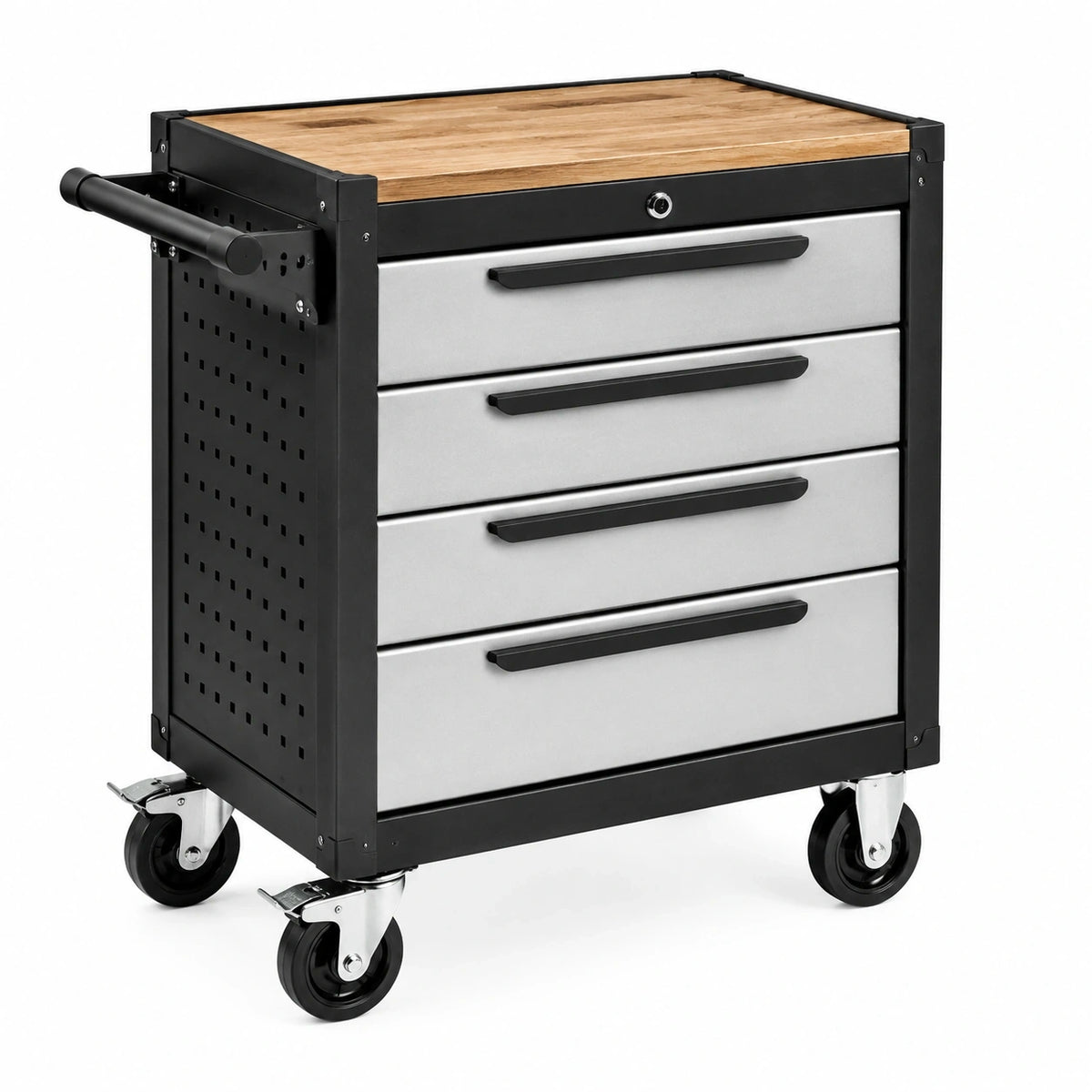 Chariot à outils Qaldrion en acier noir et gris avec 4 tiroirs et plateau en bois, roulettes pour atelier de 75x45x90 cm