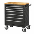 Chariot à outils Qaldrion en acier noir avec plateau en bois et 8 tiroirs, mobile, dimensions 77x46x98 cm, pour atelier.
