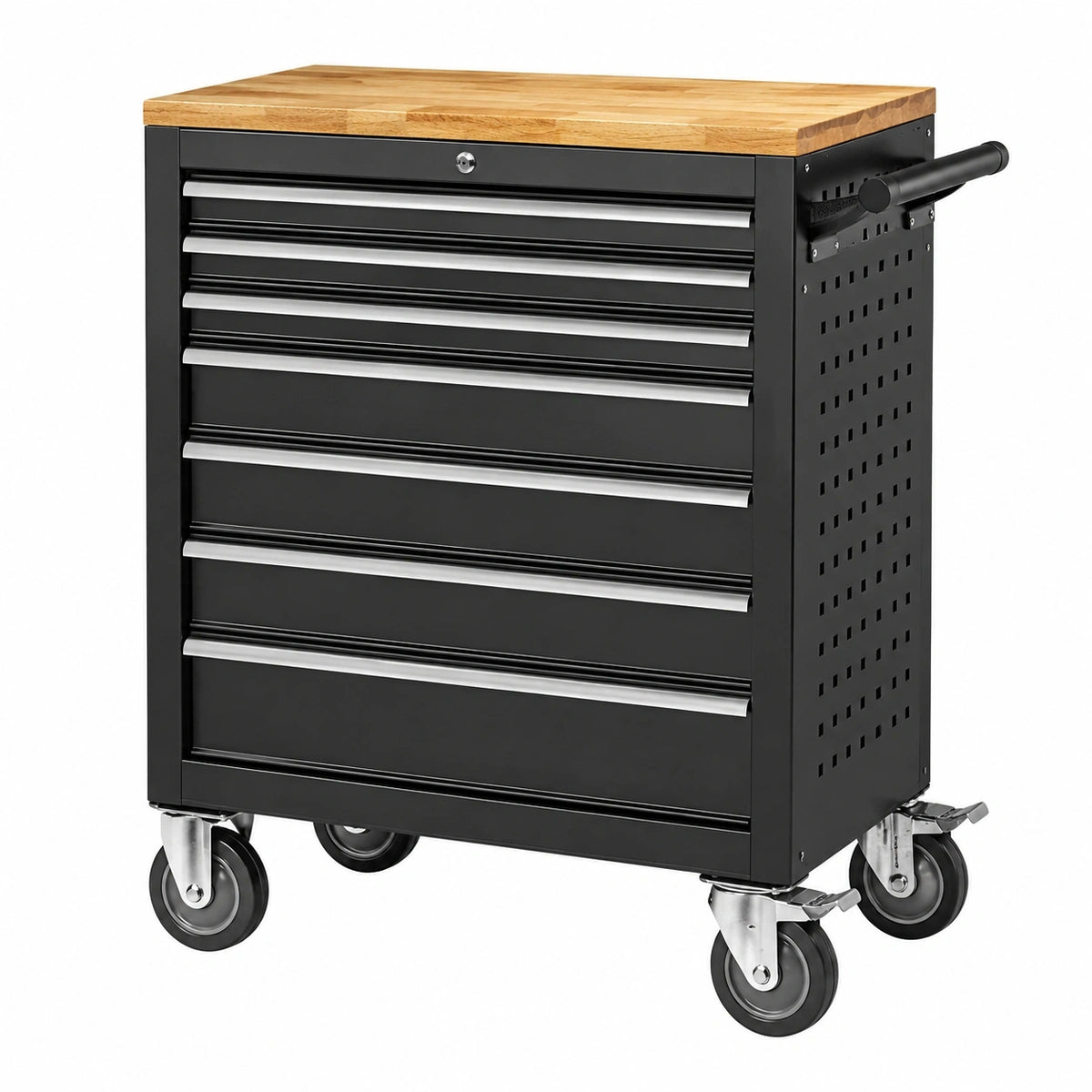 Chariot à outils Qaldrion en acier noir avec plateau en bois et 8 tiroirs, mobile, dimensions 77x46x98 cm, pour atelier.