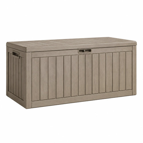 Coffre de rangement extérieur Qaldrion en résine gris taupe aspect bois, 120x60x65 cm avec couvercle pour rangement extérieur.