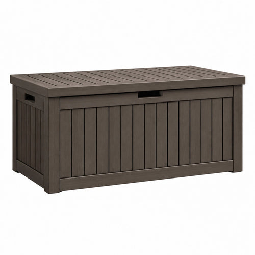 Coffre de rangement extérieur Qaldrion en plastique brun foncé, 132 x 71 x 69 cm avec couvercle pour espace extérieur