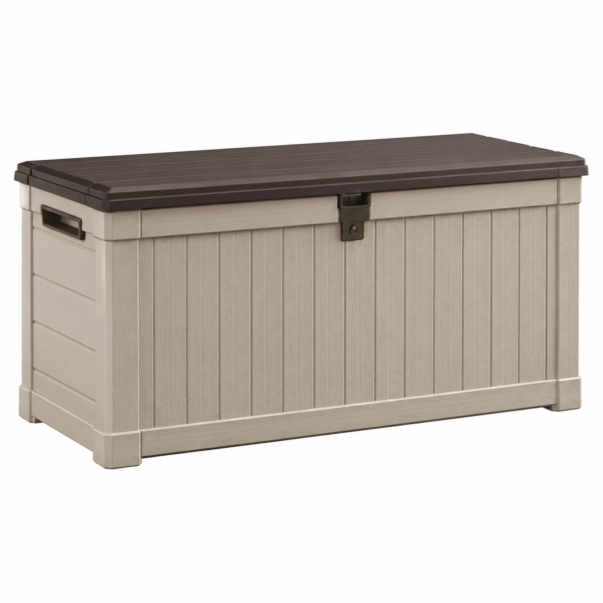 Coffre de rangement extérieur Qaldrion en résine beige et marron, 120x60x65 cm avec couvercle verrouillable.