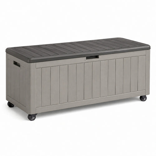 Coffre de rangement extérieur Qaldrion en résine grise, 151,7 x 72,5 x 70 cm, avec roulettes pour faciliter le déplacement
