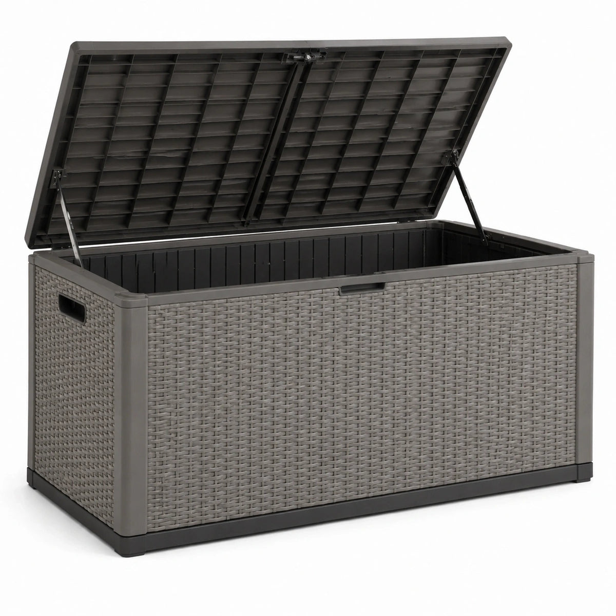 Coffre de rangement extérieur Qaldrion en résine gris tressé avec couvercle à vérins, dimensions 151,7x72,5x70 cm