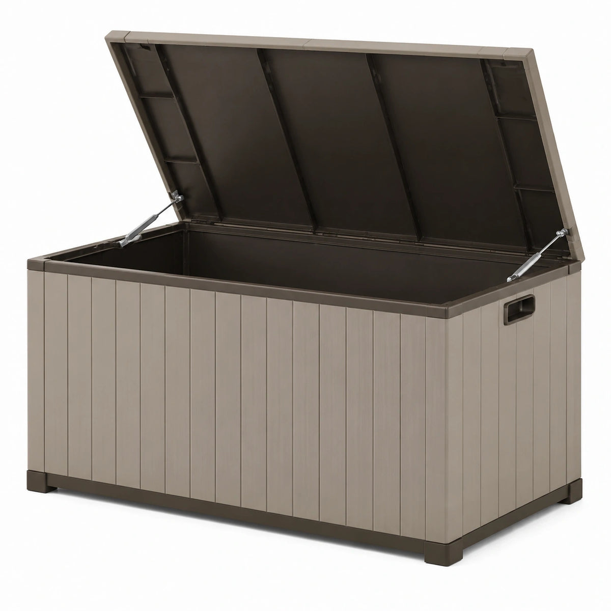 Coffre de rangement extérieur Qaldrion en polypropylène taupe, 120x61x63 cm avec couvercle assisté et poignée.