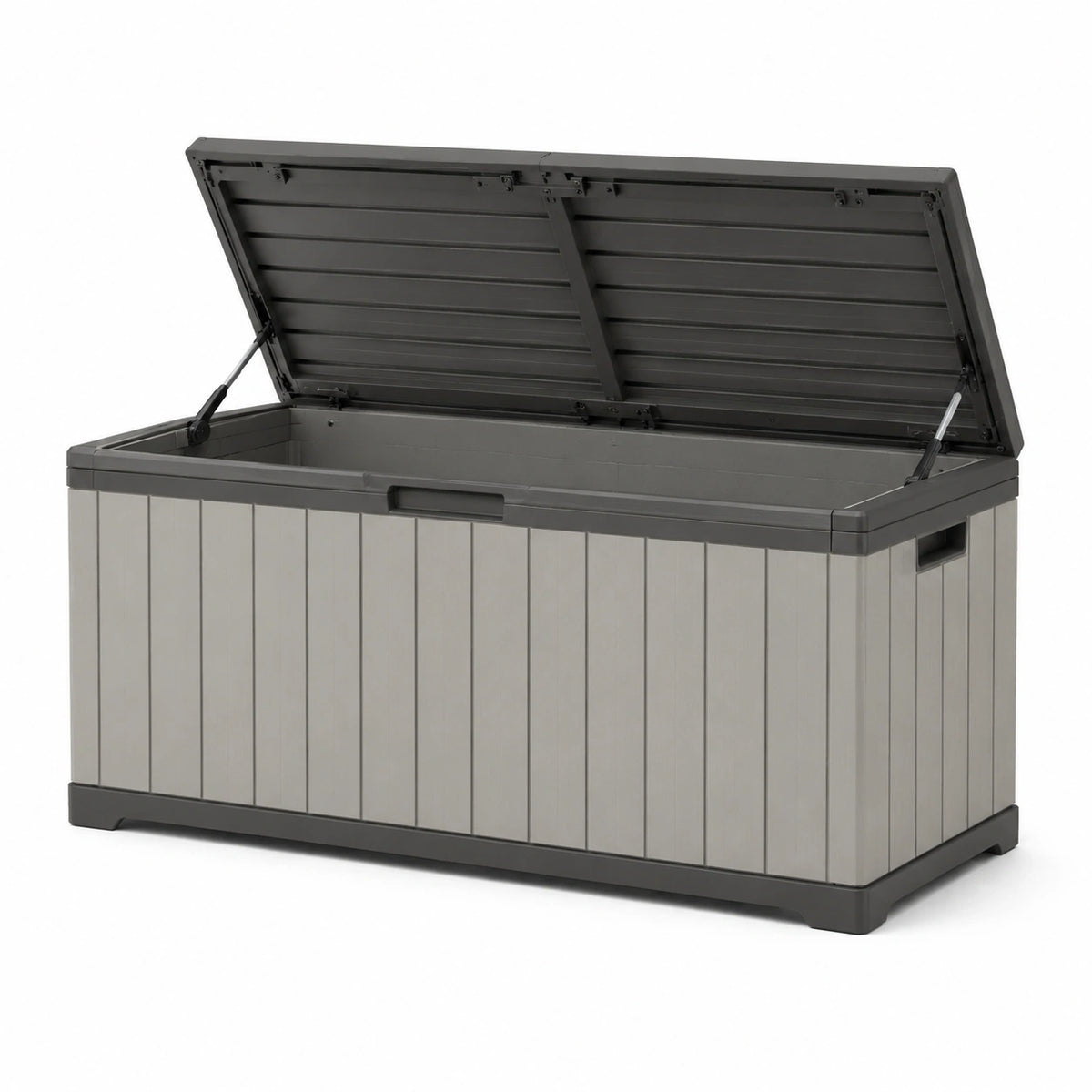 Coffre de rangement extérieur Qaldrion en résine gris anthracite, 120x60x63 cm avec couvercle à vérins.
