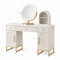 Coiffeuse blanche Qaldrion de 120 cm en panneaux de bois avec miroir et espace de rangement, style contemporain.