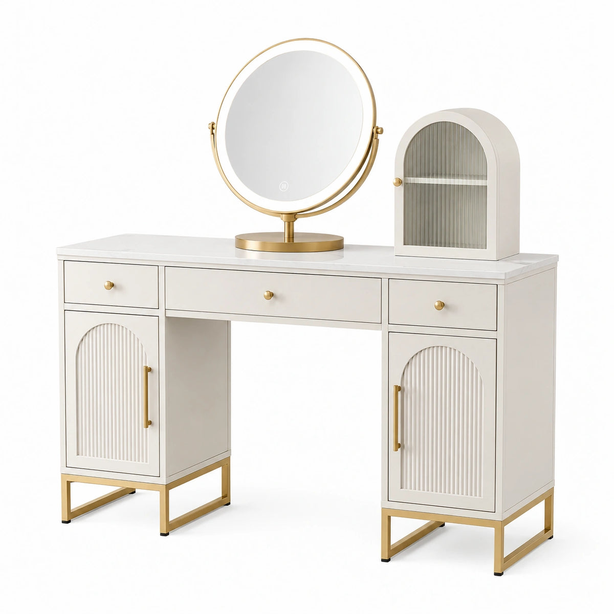 Coiffeuse blanche Qaldrion de 120 cm en panneaux de bois avec miroir et espace de rangement, style contemporain.