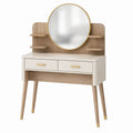 Coiffeuse Qaldrion en bois beige, 100x45x150 cm avec miroir et rangements, style moderne, mobilier de beauté élégant