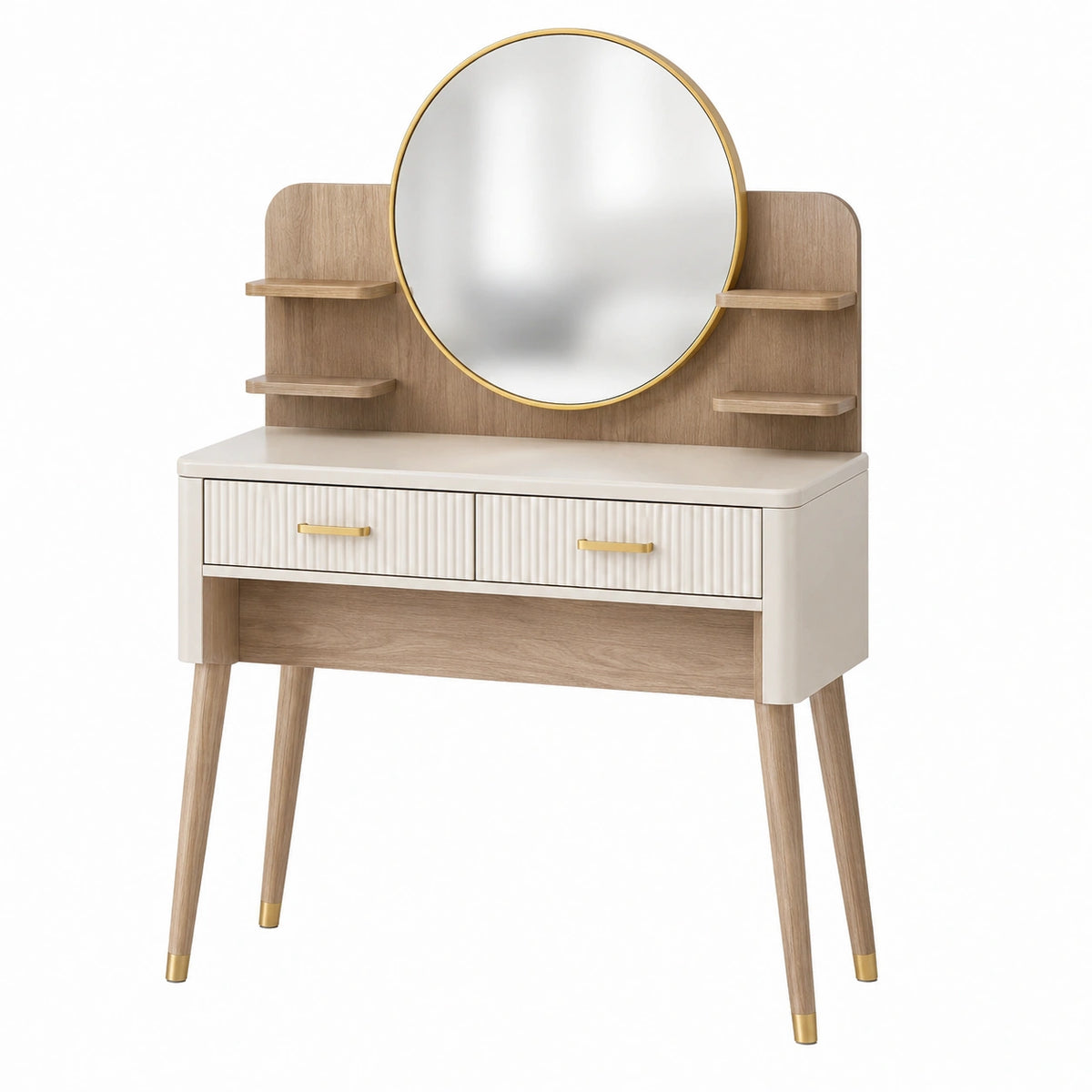 Coiffeuse Qaldrion en bois beige, 100x45x150 cm avec miroir et rangements, style moderne, mobilier de beauté élégant