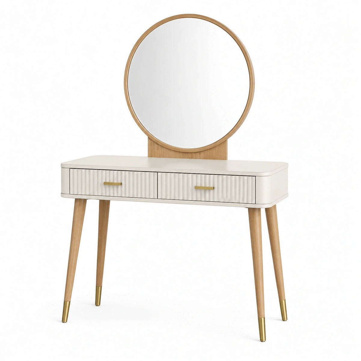 Coiffeuse moderne blanche et bois de 100 cm avec miroir rond et deux tiroirs, design élégant et fonctionnel.