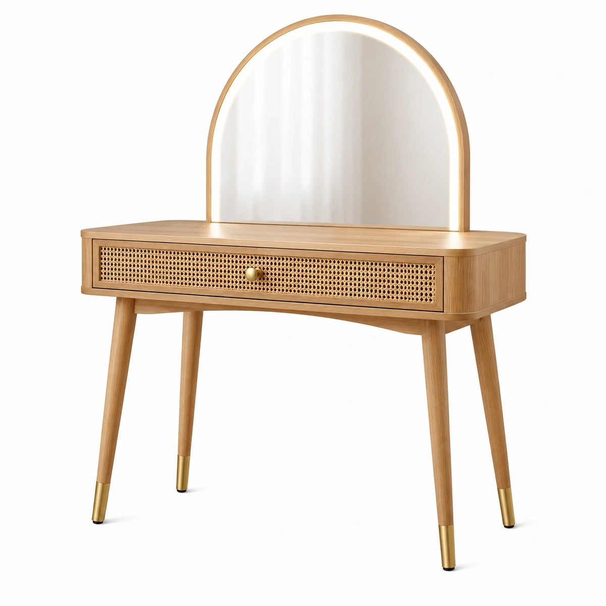 Coiffeuse en bois naturel Qaldrion avec miroir arche et tiroir en rotin, style vintage, dimensions 100x45x145 cm