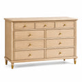 Commode en bois beige Qaldrion, style classique, 9 tiroirs, dimensions 140 x 45 x 100 cm, meuble de rangement élégant.