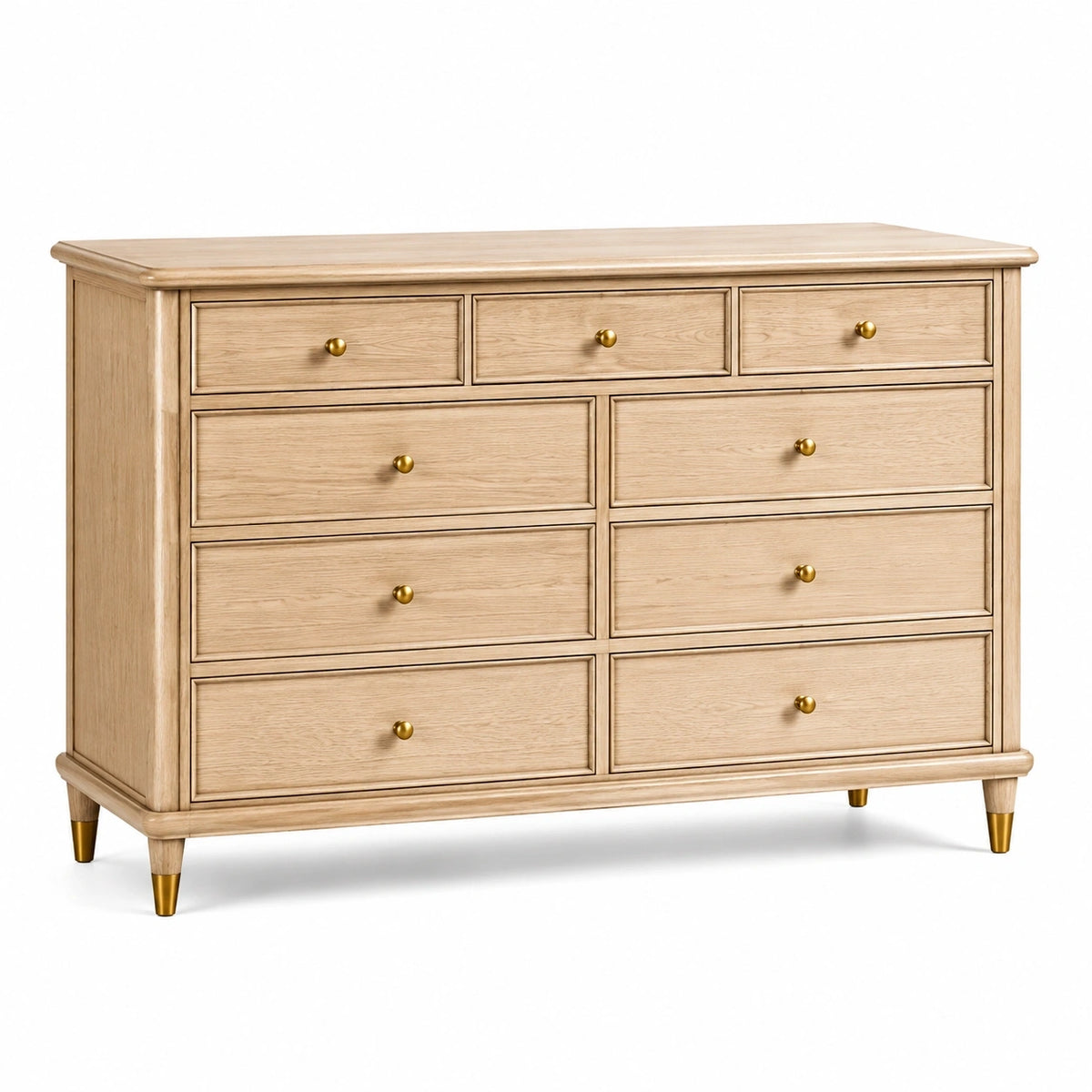 Commode en bois beige Qaldrion, style classique, 9 tiroirs, dimensions 140 x 45 x 100 cm, meuble de rangement élégant.