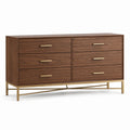 Commode contemporaine Qaldrion en bois noyer avec 6 tiroirs, dimensions 150x45x85 cm, finition élégante et moderne.