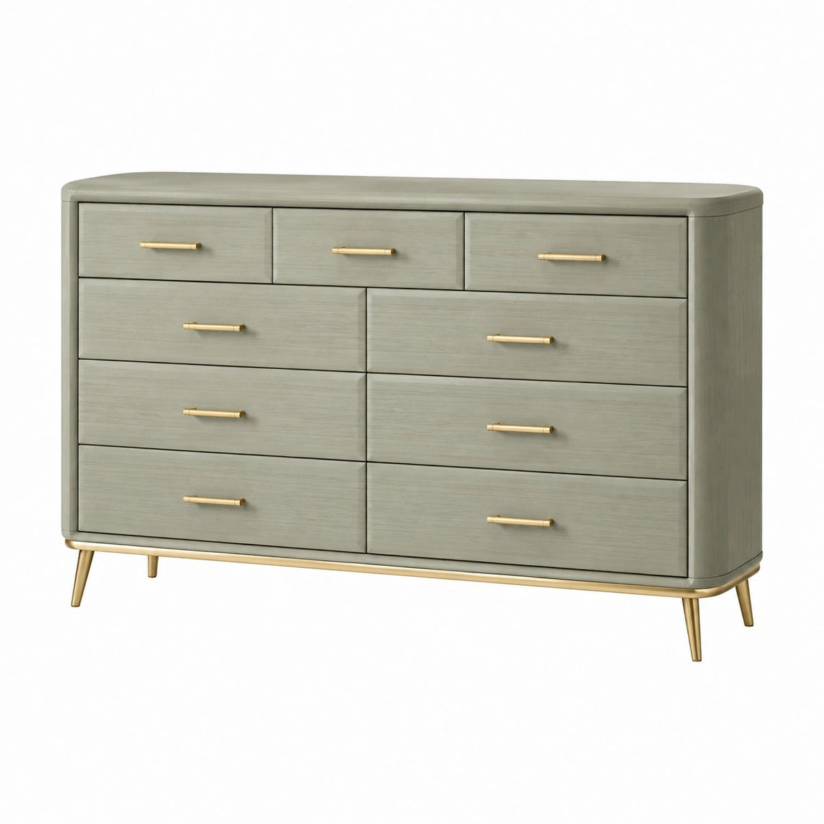 Commode en bois gris Qaldrion, 160x45x90 cm avec 9 tiroirs, style contemporain, meuble de rangement moderne.