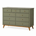 Commode en bois vert olive avec 9 tiroirs style scandinave, dimensions 160x45x95 cm, design moderne et fonctionnel.