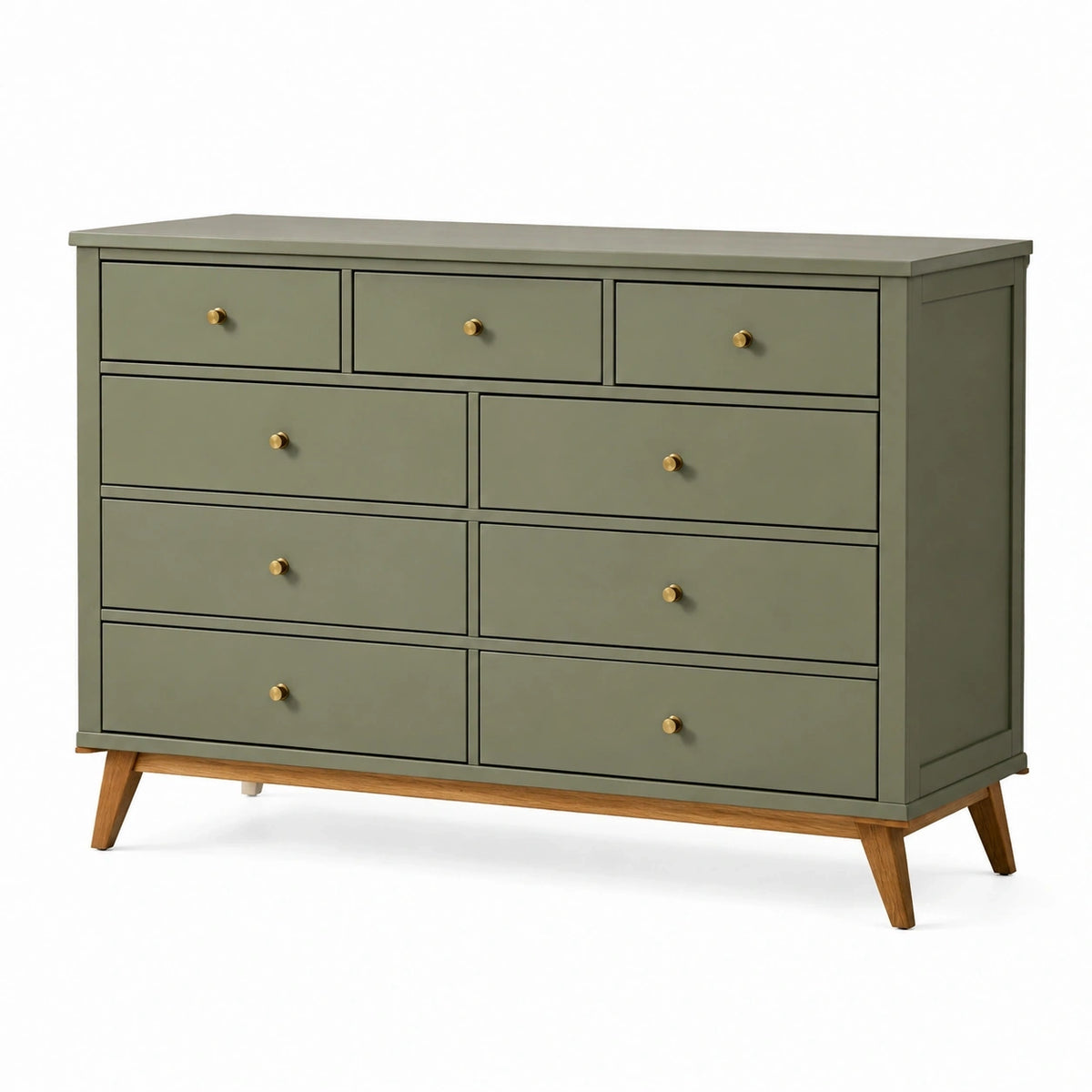 Commode en bois vert olive avec 9 tiroirs style scandinave, dimensions 160x45x95 cm, design moderne et fonctionnel.