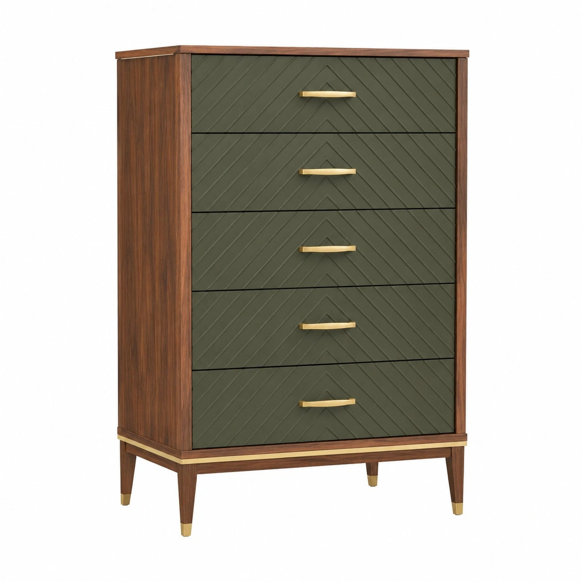 Commode Qaldrion en bois marron et vert, style rétro, avec 5 tiroirs, dimensions 90x45x140 cm, design vintage et fonctionnel