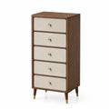 Commode Qaldrion en bois noyer et tissu beige avec 5 tiroirs, style contemporain, dimensions 60x40x120 cm.