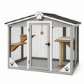 Enclos intérieur pour chat Qaldrion en bois gris, 120x80x140 cm avec grillage et plateformes pour espace de jeu.