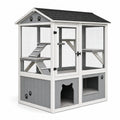 Enclos extérieur pour chat Qaldrion, en bois gris blanc avec grillage, plateformes couvertes, dimensions 120x80x180 cm.