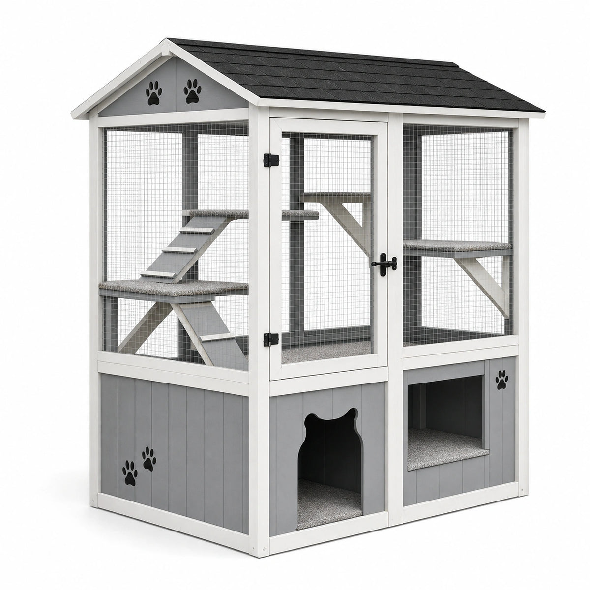Enclos extérieur pour chat Qaldrion, en bois gris blanc avec grillage, plateformes couvertes, dimensions 120x80x180 cm.