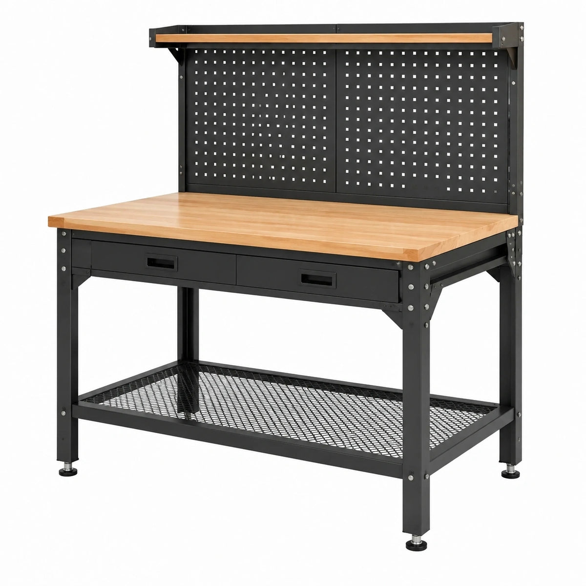 Établi Qaldrion en acier et bois noir naturel, 120x60x200 cm, avec panneau perforé et espaces de rangement.