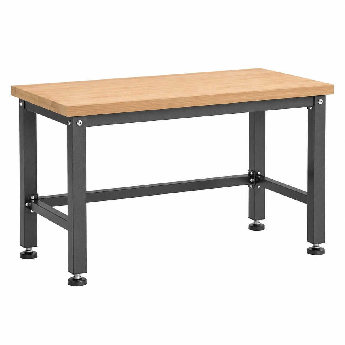 Établi Qaldrion en bois clair et acier noir, 120x60x85 cm, style industriel avec plateau en bois et structure en métal noir.