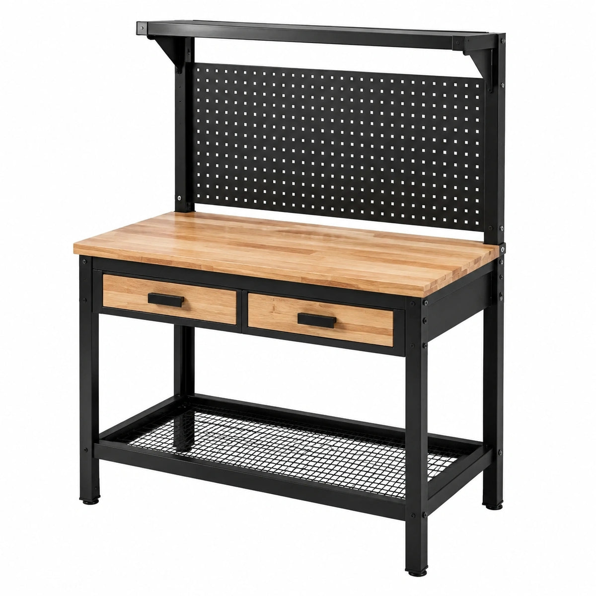Établi d'atelier Qaldrion en bois et acier noir, 120x60x150 cm, avec rangement style industriel, solide et pratique.